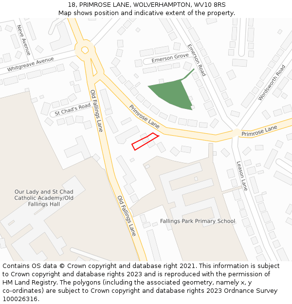 18, PRIMROSE LANE, WOLVERHAMPTON, WV10 8RS: Location map and indicative extent of plot