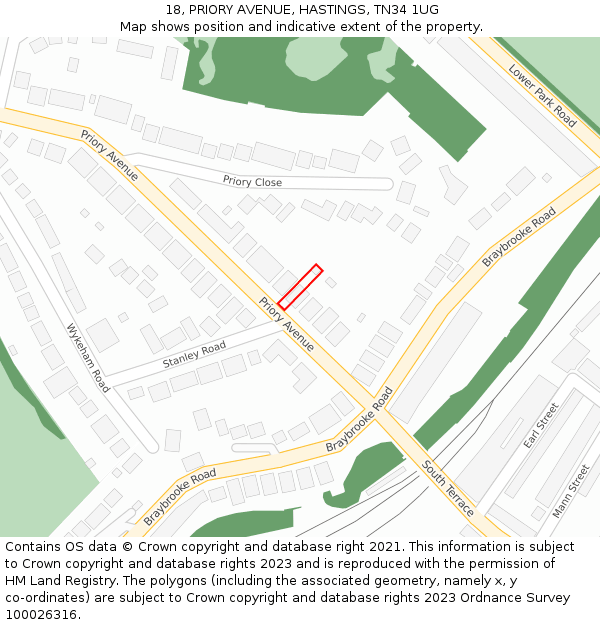 18, PRIORY AVENUE, HASTINGS, TN34 1UG: Location map and indicative extent of plot