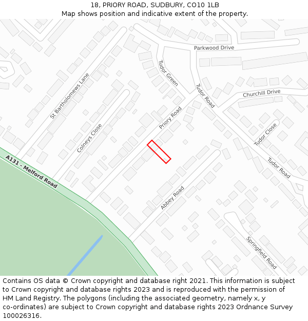 18, PRIORY ROAD, SUDBURY, CO10 1LB: Location map and indicative extent of plot