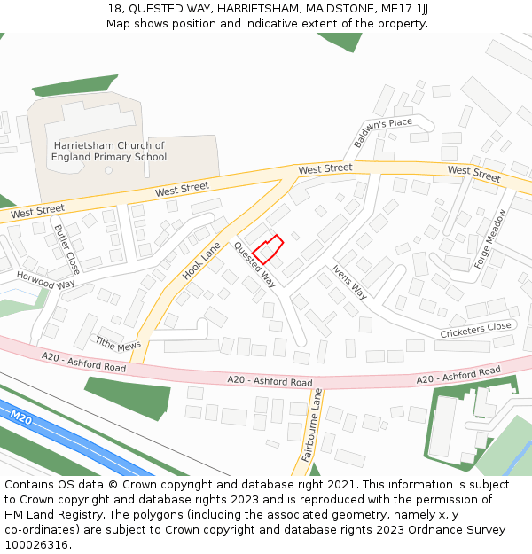 18, QUESTED WAY, HARRIETSHAM, MAIDSTONE, ME17 1JJ: Location map and indicative extent of plot