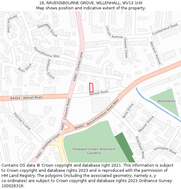 18, RAVENSBOURNE GROVE, WILLENHALL, WV13 1HX: Location map and indicative extent of plot