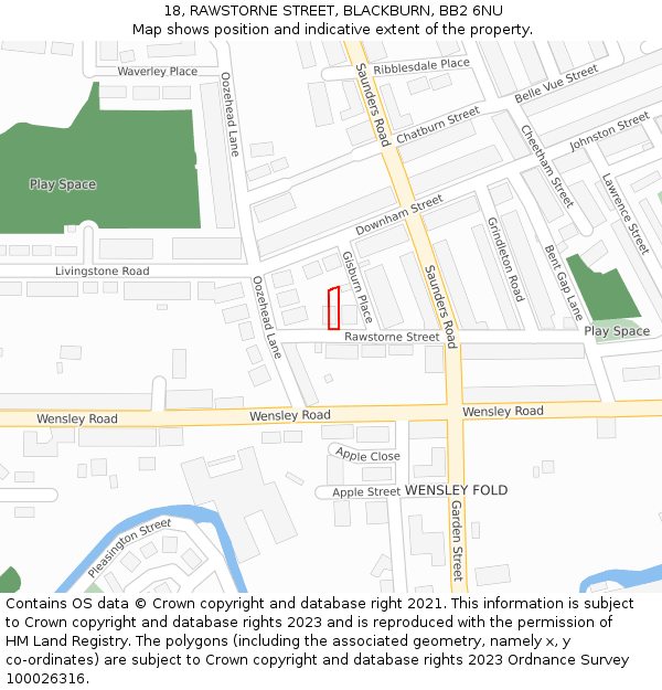 18, RAWSTORNE STREET, BLACKBURN, BB2 6NU: Location map and indicative extent of plot