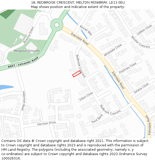 18, REDBROOK CRESCENT, MELTON MOWBRAY, LE13 0EU: Location map and indicative extent of plot