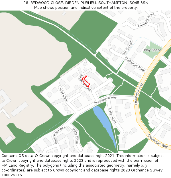 18, REDWOOD CLOSE, DIBDEN PURLIEU, SOUTHAMPTON, SO45 5SN: Location map and indicative extent of plot