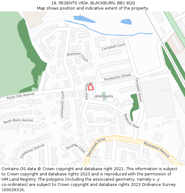18, REGENTS VIEW, BLACKBURN, BB1 8QQ: Location map and indicative extent of plot