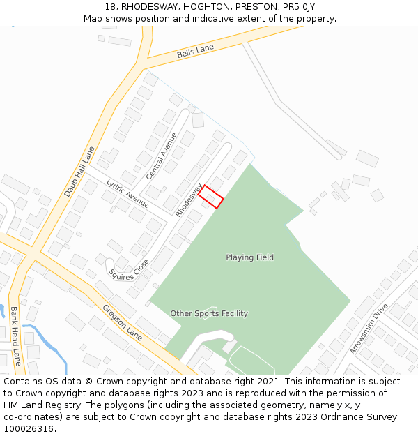 18, RHODESWAY, HOGHTON, PRESTON, PR5 0JY: Location map and indicative extent of plot