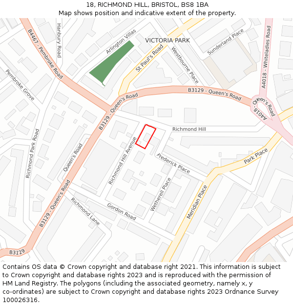18, RICHMOND HILL, BRISTOL, BS8 1BA: Location map and indicative extent of plot
