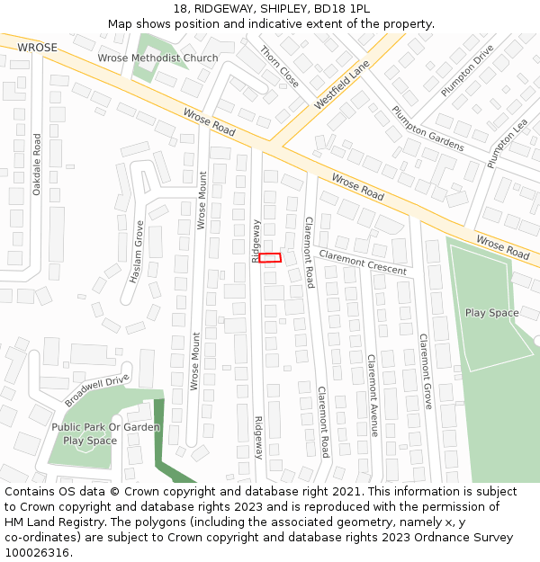 18, RIDGEWAY, SHIPLEY, BD18 1PL: Location map and indicative extent of plot