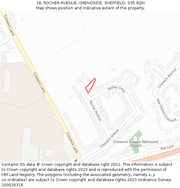 18, ROCHER AVENUE, GRENOSIDE, SHEFFIELD, S35 8QN: Location map and indicative extent of plot