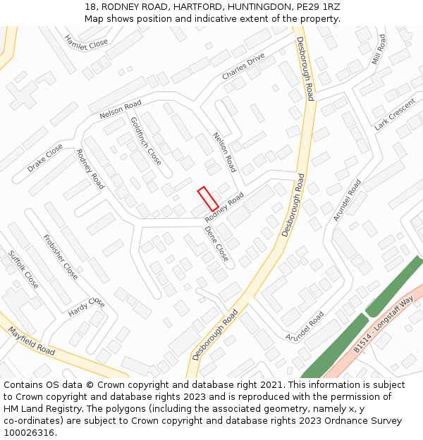 18, RODNEY ROAD, HARTFORD, HUNTINGDON, PE29 1RZ: Location map and indicative extent of plot