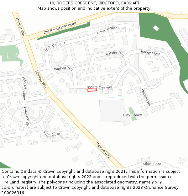 18, ROGERS CRESCENT, BIDEFORD, EX39 4FT: Location map and indicative extent of plot