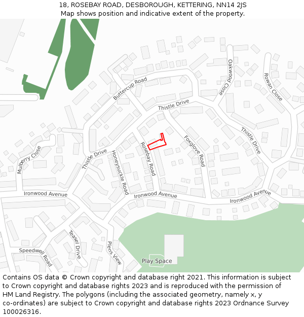18, ROSEBAY ROAD, DESBOROUGH, KETTERING, NN14 2JS: Location map and indicative extent of plot