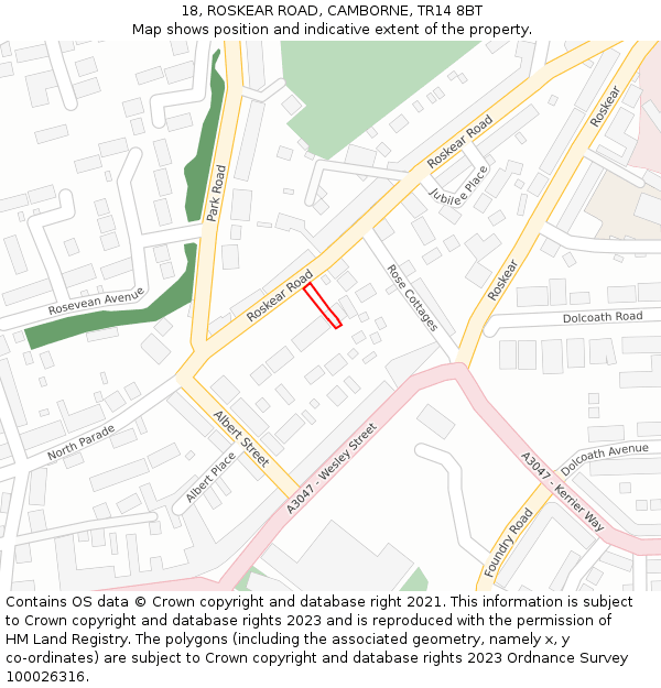 18, ROSKEAR ROAD, CAMBORNE, TR14 8BT: Location map and indicative extent of plot