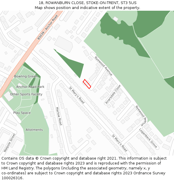 18, ROWANBURN CLOSE, STOKE-ON-TRENT, ST3 5US: Location map and indicative extent of plot
