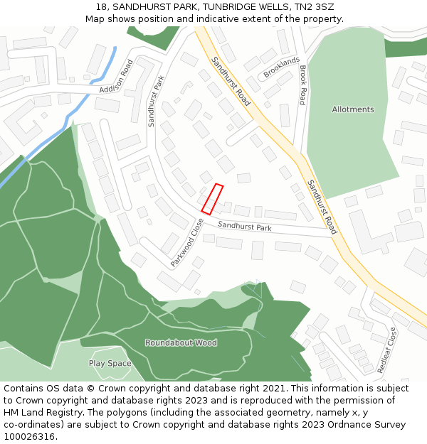 18, SANDHURST PARK, TUNBRIDGE WELLS, TN2 3SZ: Location map and indicative extent of plot