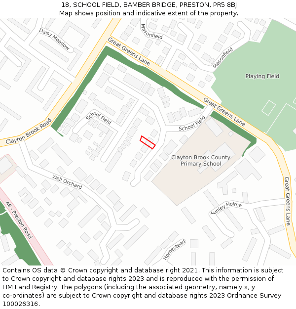 18, SCHOOL FIELD, BAMBER BRIDGE, PRESTON, PR5 8BJ: Location map and indicative extent of plot