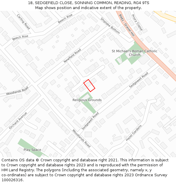 18, SEDGEFIELD CLOSE, SONNING COMMON, READING, RG4 9TS: Location map and indicative extent of plot