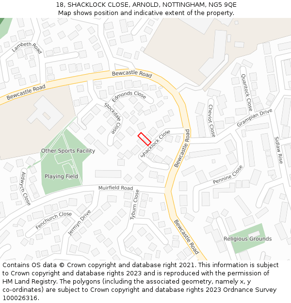 18, SHACKLOCK CLOSE, ARNOLD, NOTTINGHAM, NG5 9QE: Location map and indicative extent of plot