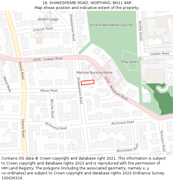 18, SHAKESPEARE ROAD, WORTHING, BN11 4AR: Location map and indicative extent of plot