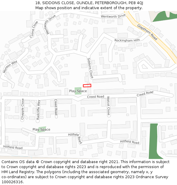 18, SIDDONS CLOSE, OUNDLE, PETERBOROUGH, PE8 4QJ: Location map and indicative extent of plot