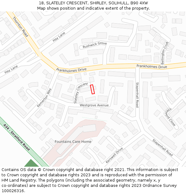 18, SLATELEY CRESCENT, SHIRLEY, SOLIHULL, B90 4XW: Location map and indicative extent of plot