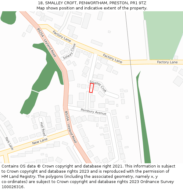 18, SMALLEY CROFT, PENWORTHAM, PRESTON, PR1 9TZ: Location map and indicative extent of plot