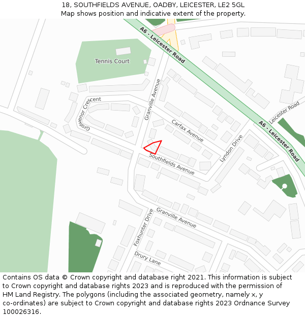 18, SOUTHFIELDS AVENUE, OADBY, LEICESTER, LE2 5GL: Location map and indicative extent of plot