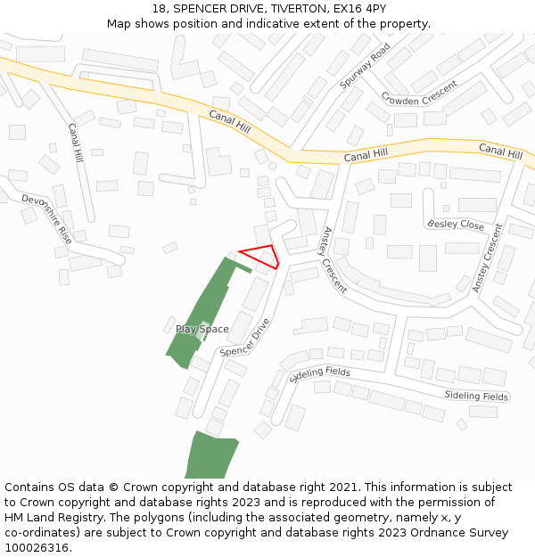 18, SPENCER DRIVE, TIVERTON, EX16 4PY: Location map and indicative extent of plot