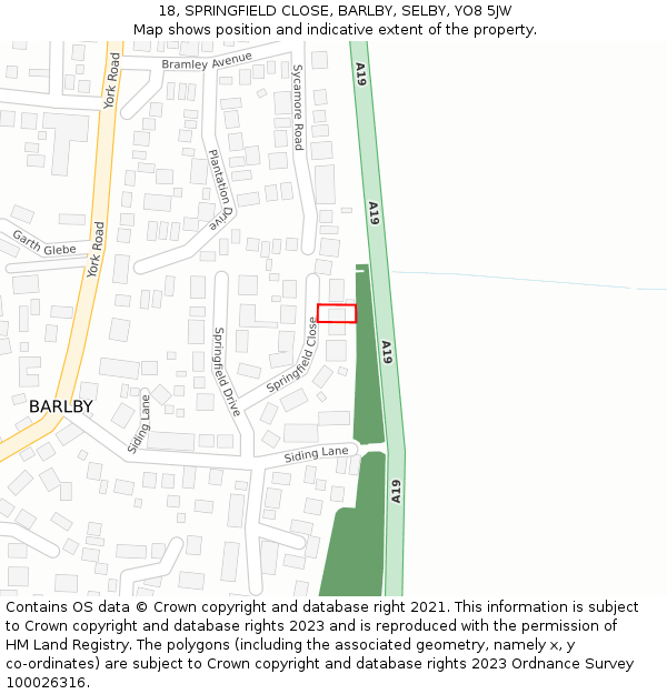 18, SPRINGFIELD CLOSE, BARLBY, SELBY, YO8 5JW: Location map and indicative extent of plot