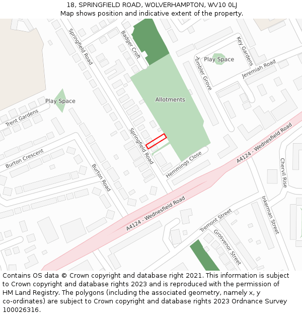 18, SPRINGFIELD ROAD, WOLVERHAMPTON, WV10 0LJ: Location map and indicative extent of plot