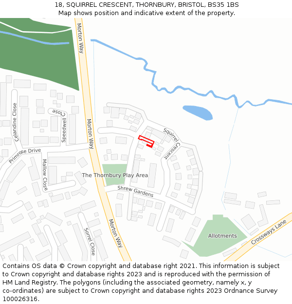 18, SQUIRREL CRESCENT, THORNBURY, BRISTOL, BS35 1BS: Location map and indicative extent of plot