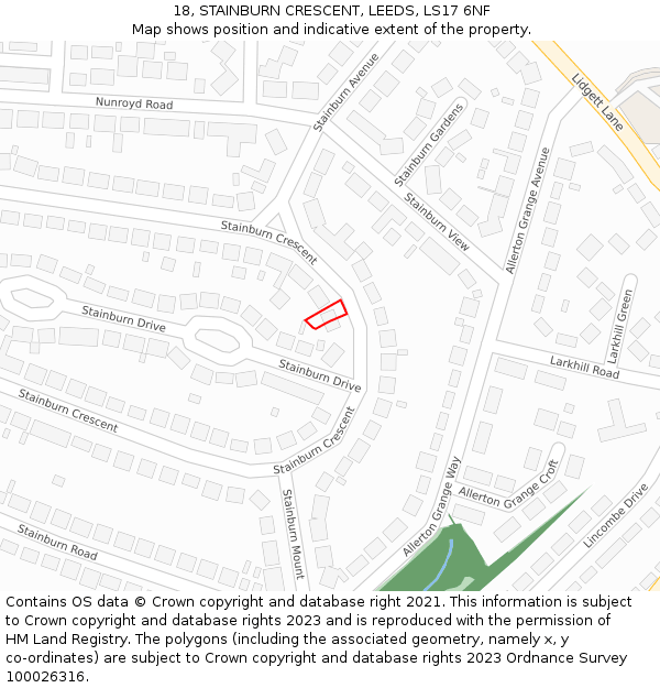 18, STAINBURN CRESCENT, LEEDS, LS17 6NF: Location map and indicative extent of plot