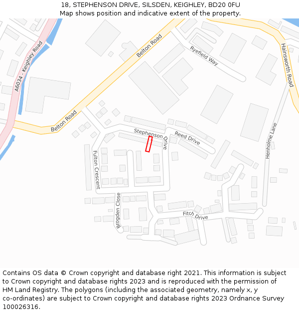 18, STEPHENSON DRIVE, SILSDEN, KEIGHLEY, BD20 0FU: Location map and indicative extent of plot