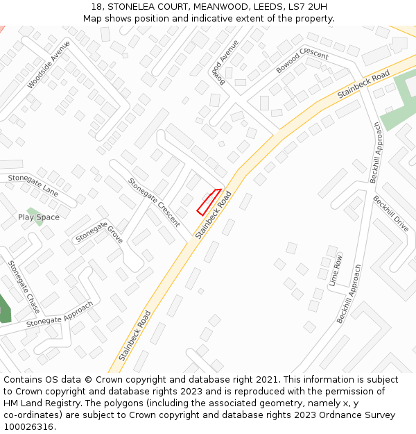 18, STONELEA COURT, MEANWOOD, LEEDS, LS7 2UH: Location map and indicative extent of plot