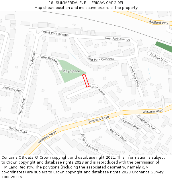 18, SUMMERDALE, BILLERICAY, CM12 9EL: Location map and indicative extent of plot
