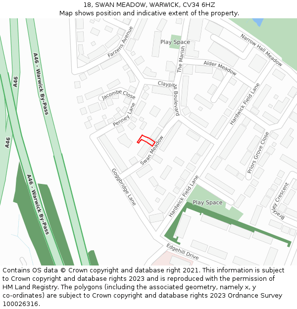 18, SWAN MEADOW, WARWICK, CV34 6HZ: Location map and indicative extent of plot