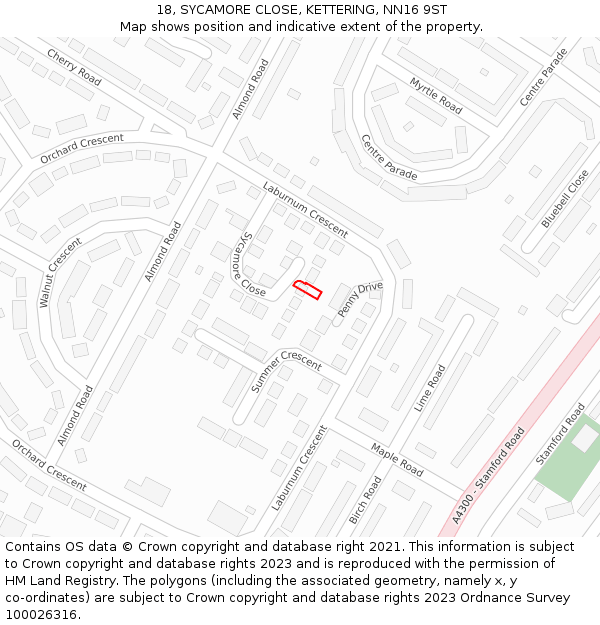 18, SYCAMORE CLOSE, KETTERING, NN16 9ST: Location map and indicative extent of plot