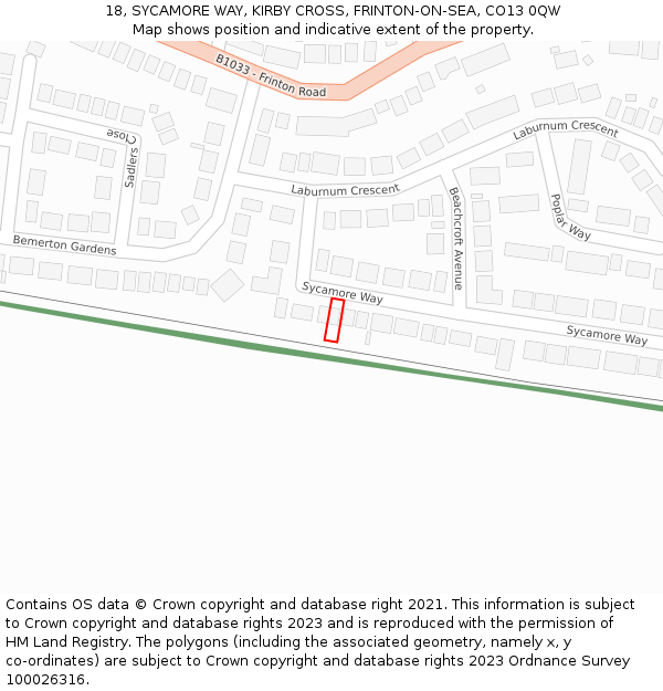 18, SYCAMORE WAY, KIRBY CROSS, FRINTON-ON-SEA, CO13 0QW: Location map and indicative extent of plot
