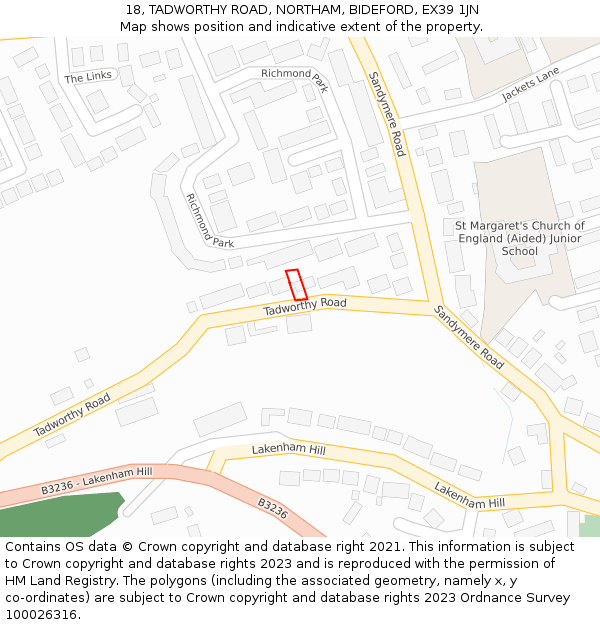 18, TADWORTHY ROAD, NORTHAM, BIDEFORD, EX39 1JN: Location map and indicative extent of plot