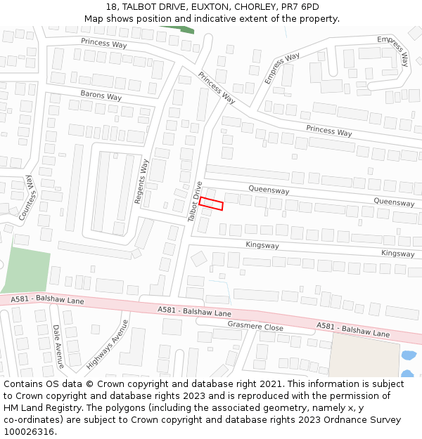 18, TALBOT DRIVE, EUXTON, CHORLEY, PR7 6PD: Location map and indicative extent of plot