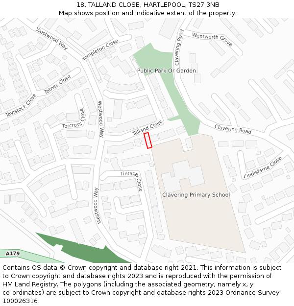 18, TALLAND CLOSE, HARTLEPOOL, TS27 3NB: Location map and indicative extent of plot