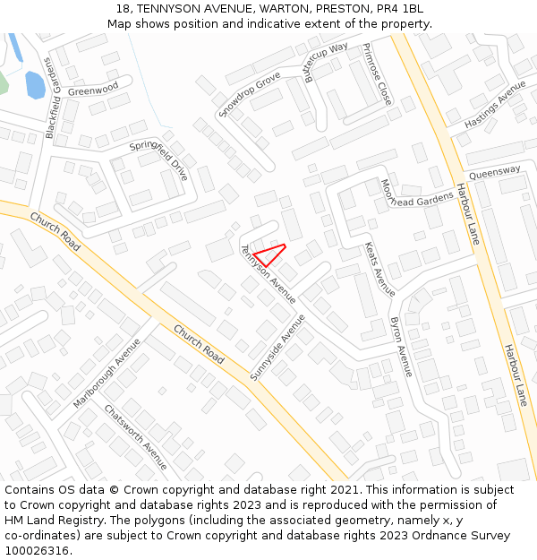 18, TENNYSON AVENUE, WARTON, PRESTON, PR4 1BL: Location map and indicative extent of plot