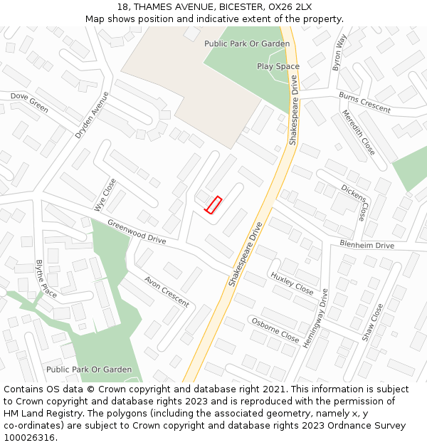 18, THAMES AVENUE, BICESTER, OX26 2LX: Location map and indicative extent of plot