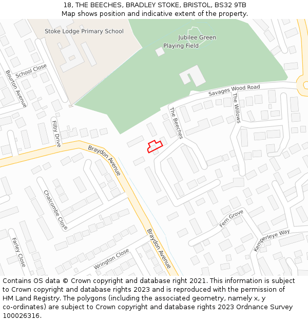 18, THE BEECHES, BRADLEY STOKE, BRISTOL, BS32 9TB: Location map and indicative extent of plot