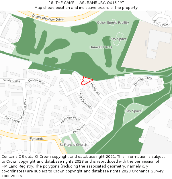 18, THE CAMELLIAS, BANBURY, OX16 1YT: Location map and indicative extent of plot