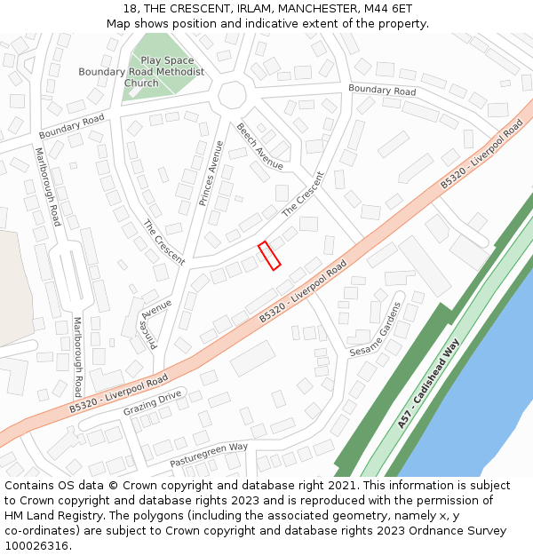 18, THE CRESCENT, IRLAM, MANCHESTER, M44 6ET: Location map and indicative extent of plot
