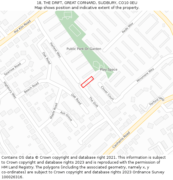 18, THE DRIFT, GREAT CORNARD, SUDBURY, CO10 0EU: Location map and indicative extent of plot