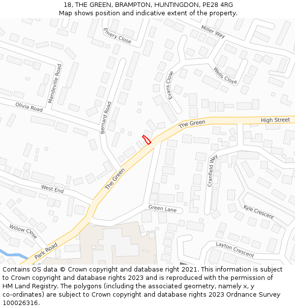 18, THE GREEN, BRAMPTON, HUNTINGDON, PE28 4RG: Location map and indicative extent of plot