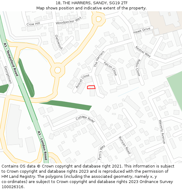 18, THE HARRIERS, SANDY, SG19 2TF: Location map and indicative extent of plot