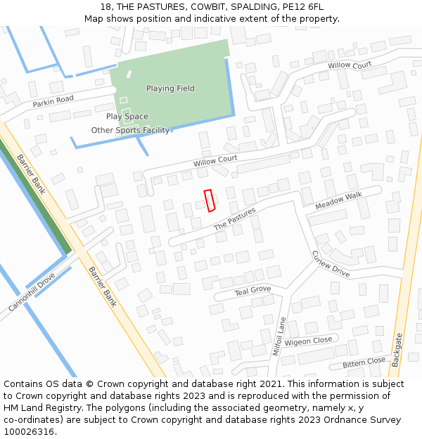 18, THE PASTURES, COWBIT, SPALDING, PE12 6FL: Location map and indicative extent of plot